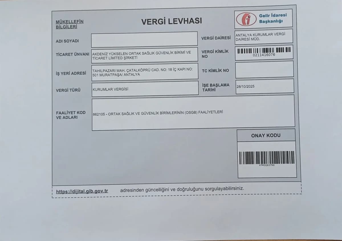 Akdeniz Yükselen OSGB Vergi Levhası